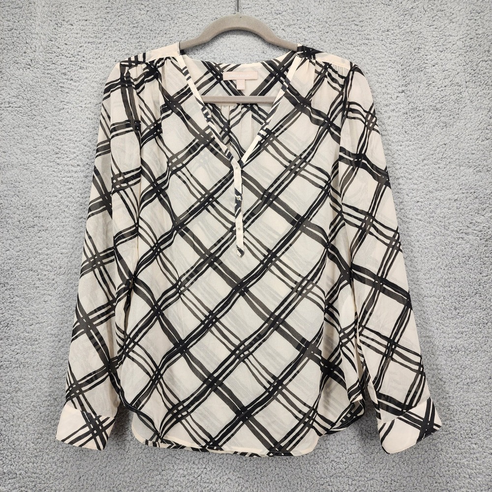 Banana Republic Womens‎ Small Black White Plaid Long Sleeve Button V-Neck Blouse